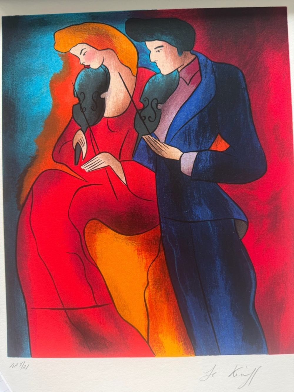 Hand Signed, Numbered Linda Le Kinff Contemporary Couple Art Print. Unframed.